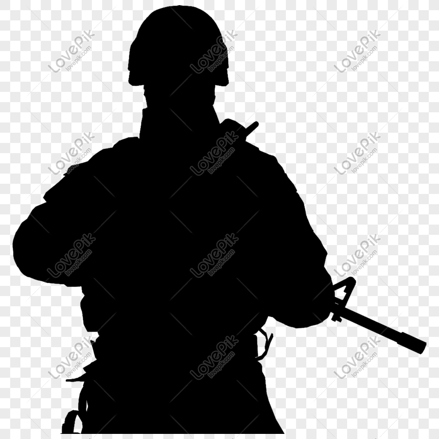 Silhouette of a soldier in combat gear holding a rifle, viewed from behind against transparent background.