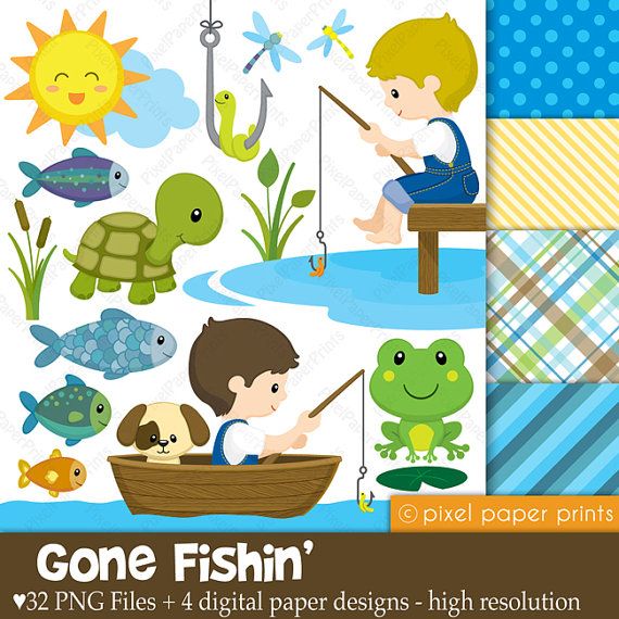 Cartoon children fishing with animals, sun, fish, frog, turtle, and digital paper patterns-Gone Fishin’ clipart set.