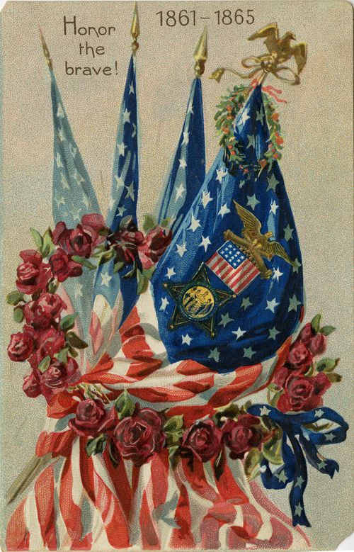 Vintage 1861-1865 Civil War commemorative card with U.S. flags, roses, eagle, and "Honor the brave!" text.