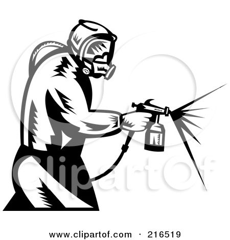 Worker in full protective gear using a spray gun for industrial coating or painting.