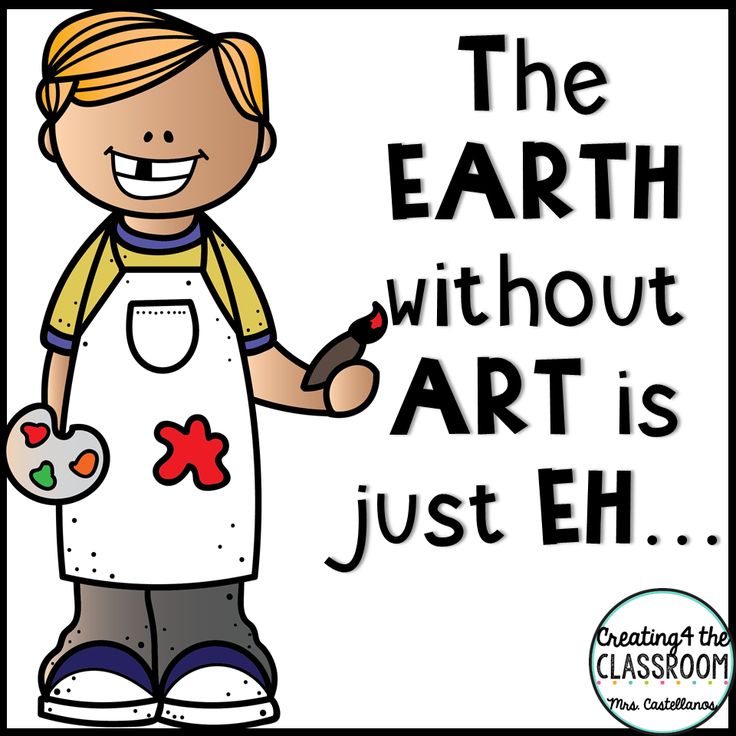Smiling cartoon child in art apron holding paintbrush and palette, with text "The EARTH without ART is just EH..."