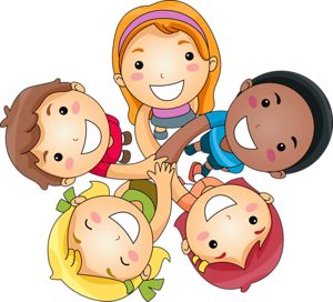 Five diverse smiling children holding hands in a circle, symbolizing friendship and inclusion.