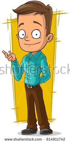 Cartoon man in teal shirt pointing confidently, standing against yellow background.
