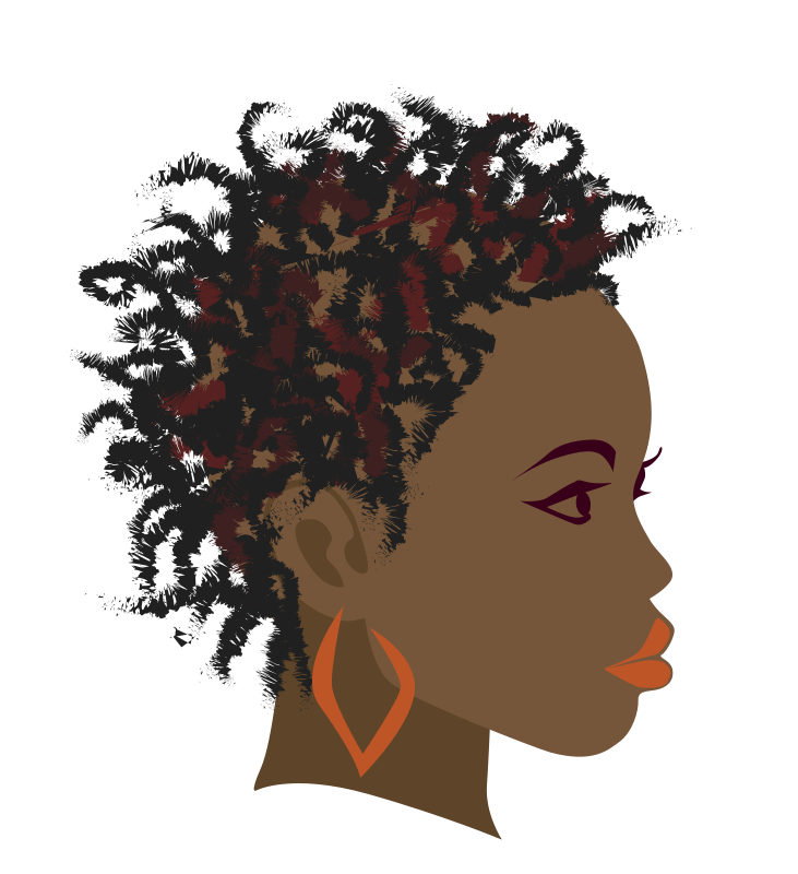 Profile illustration of a Black woman with textured afro hair in earthy tones and orange hoop earrings.