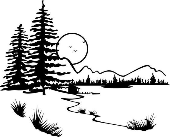 Black-and-white line art of a serene lakeside scene with pine trees, a cabin, winding path, distant mountains, and a sun with birds.