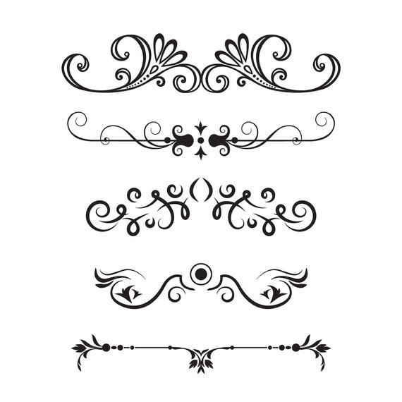 Five ornate black-and-white decorative dividers with swirls, flourishes, and symmetrical motifs on white background.