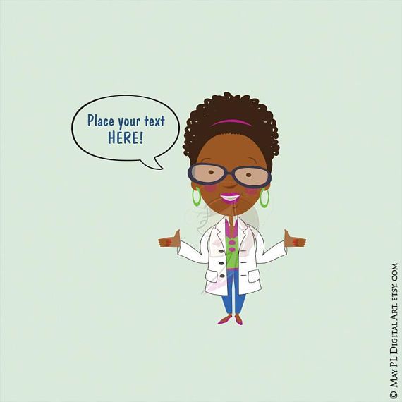 Smiling Black female scientist in lab coat with speech bubble saying "Place your text HERE!"
