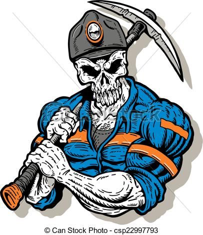 Muscular skeleton miner in blue overalls and hard hat wielding a pickaxe, stylized tattoo-art illustration.