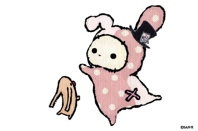 A cute pink polka-dot bunny character with a tiny top hat and a small tan creature beside it, in a hand-drawn style by SAN-X.