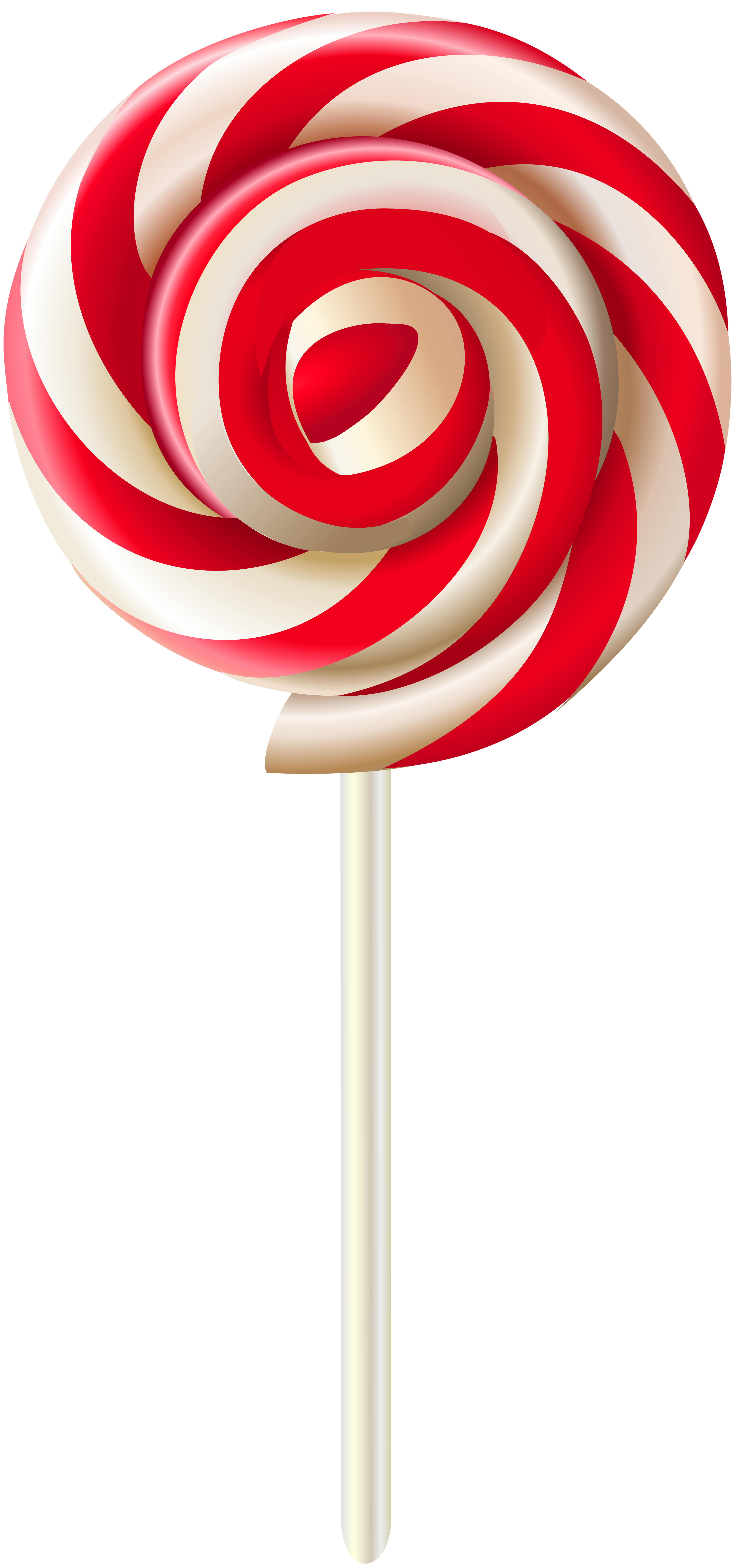 A glossy red-and-white swirled lollipop on a stick, rendered in 3D with realistic highlights and shadows.