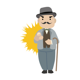 Grumpy elderly man with mustache, bowler hat, cane, and yellow burst behind him, holding a small object.