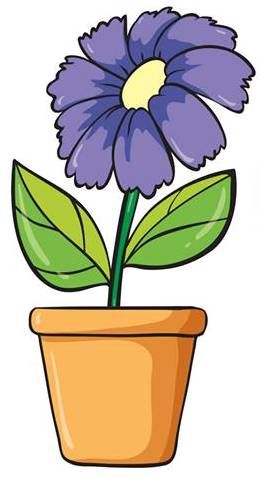 A cartoon-style purple flower with yellow center, green leaves, and stem in a terracotta pot.