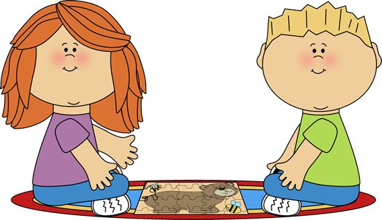 Two cartoon children with red and blonde hair sit cross-legged on a rug, smiling while assembling a puzzle together.