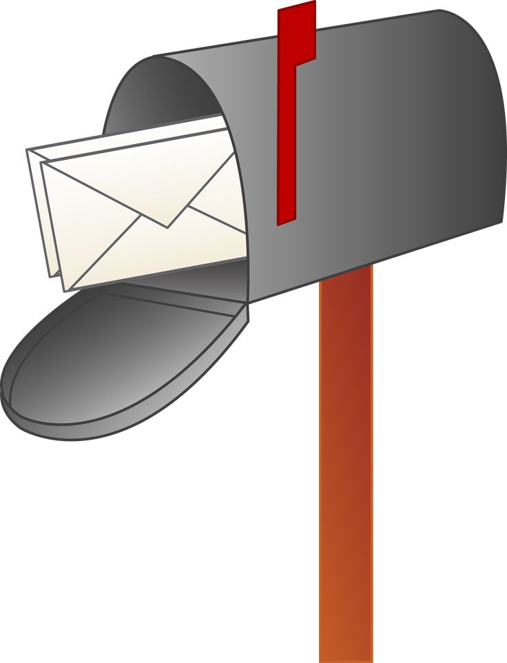 Open mailbox with white envelope visible, red flag raised, mounted on wooden post.