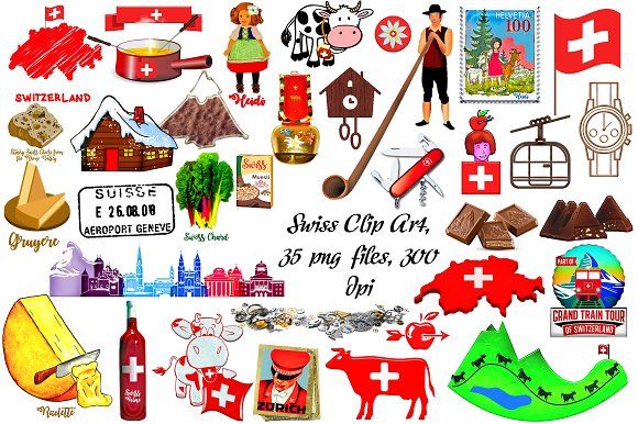 Collection of Swiss-themed clip art including cheese, cow, flag, Alps, chocolate, cuckoo clock, and traditional attire.
