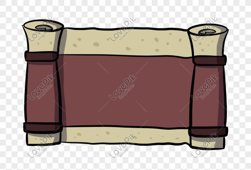 Illustrated ancient scroll with beige parchment and brown leather binding, rolled at both ends on a transparent background.
