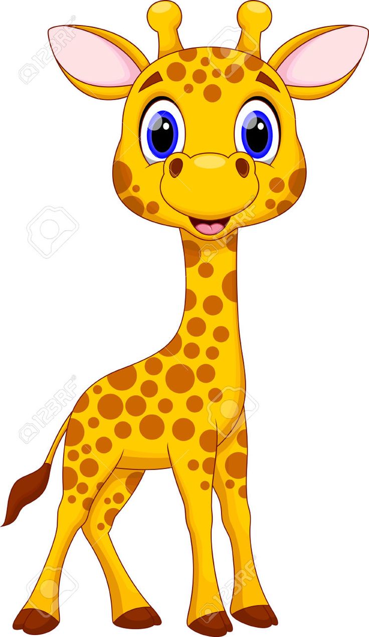 Cute cartoon giraffe with big blue eyes, yellow coat, brown spots, and a friendly smile standing on white background.