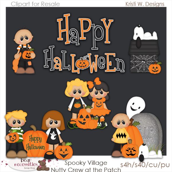 Halloween clipart set featuring cartoon kids, pumpkins, ghosts, Snoopy, and "Happy Halloween" text on dark background.