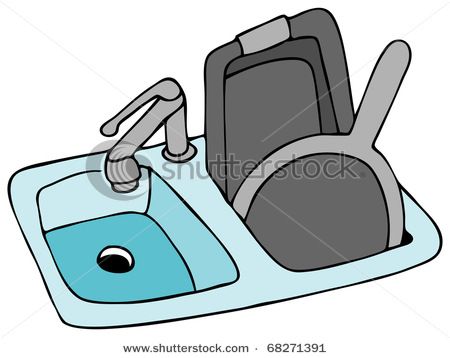 A cartoon-style kitchen sink with running water, a faucet, and dishes including a pot, pan, and cutting board drying in the rack.