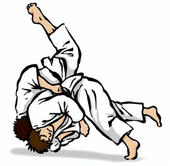 Two judokas in white gis performing a dynamic throwing technique, one executing a hip throw on the other mid-air.