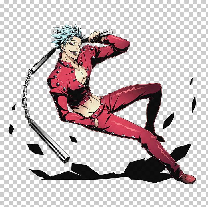 Anime character with spiky blue hair in red studded outfit wielding nunchaku mid-action, surrounded by shattered debris.