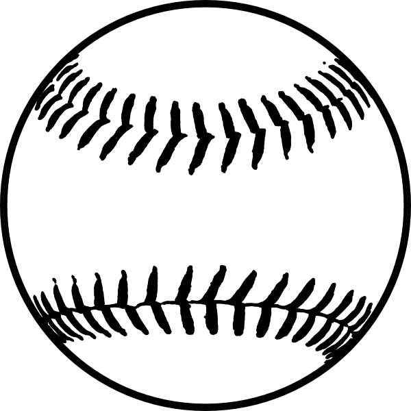 Black and white line drawing of a classic baseball with two curved seams and detailed stitching.