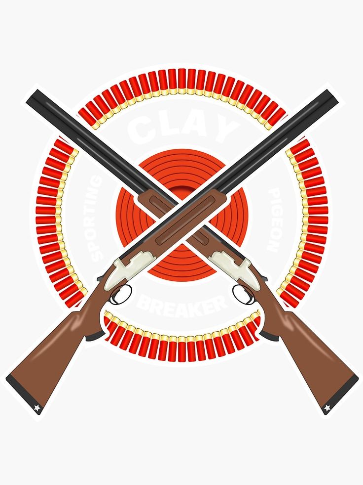Crossed shotguns with clay pigeon target and shotgun shells forming a circular emblem labeled "Clay Breaker".