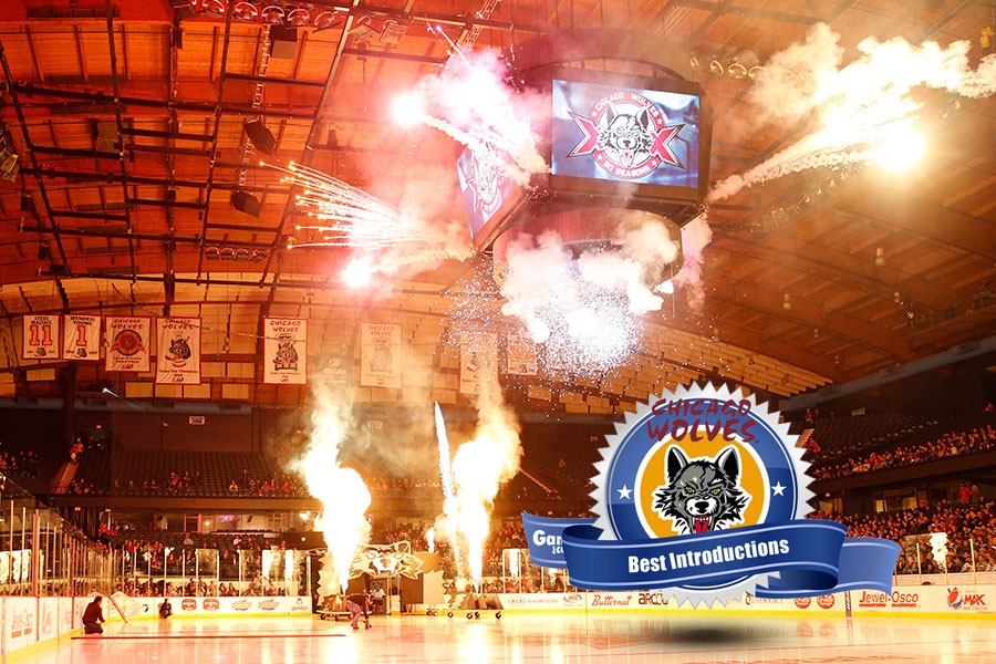 Chicago Wolves hockey arena with fireworks, banners, and team logo during a dramatic on-ice introduction.