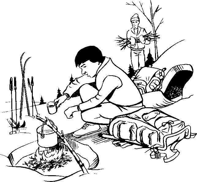Two people camping in winter; one tends a fire with a pot, the other gathers kindling, skis and gear nearby.