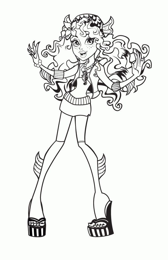 Black-and-white line art of a stylized Monster High character with curly hair, horns, and platform shoes, posed dynamically for coloring.