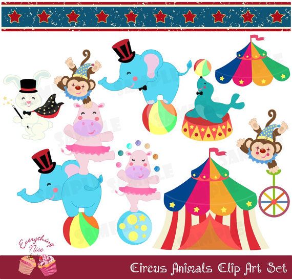 Colorful circus animal clip art set featuring elephants, monkeys, seals, rabbits, and tents with stars and stripes.