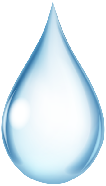 A glossy, translucent blue water droplet with light reflections and gradient shading on transparent background.