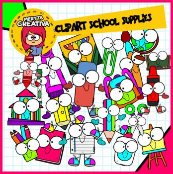 Colorful cartoon school supplies with expressive faces, including pencils, rulers, scissors, and notebooks on grid paper background.