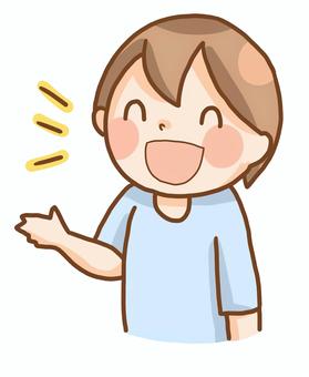 Cheerful cartoon boy with brown hair, blushing cheeks, open smile, and gesturing hand with sound lines indicating excitement.