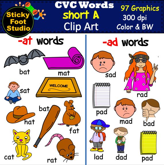 Educational clip art set showing CVC words ending in -at and -ad, with colorful illustrations for early reading practice.