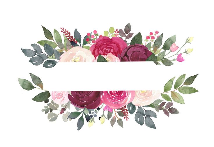 Watercolor floral wreath with pink, burgundy, and green foliage framing a white banner space.
