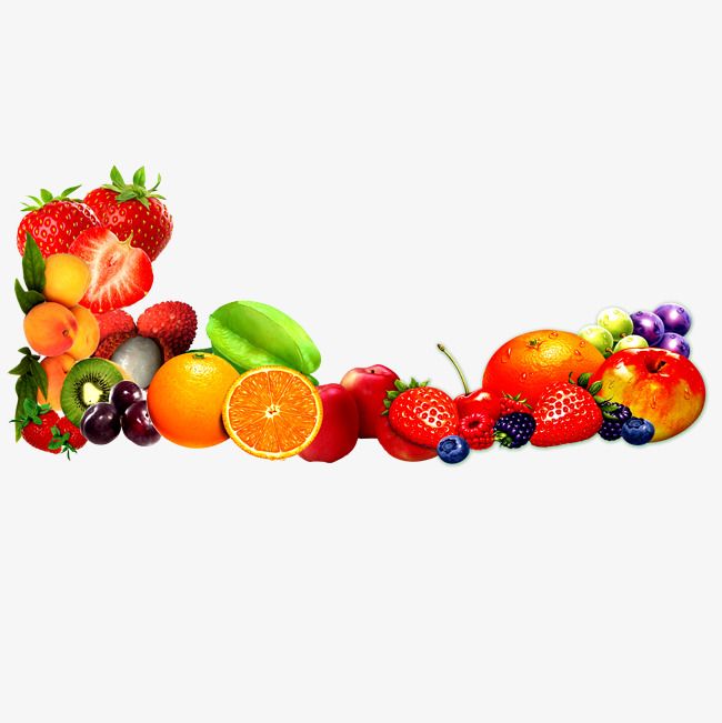 Vibrant assortment of fresh fruits including strawberries, oranges, apples, kiwi, grapes, blueberries, and starfruit arranged in a colorful arc.