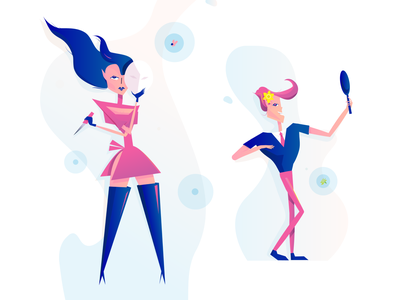 Two stylish animated women-one with blue hair holding a bird, the other with pink hair posing with a hand mirror-against a soft abstract background.