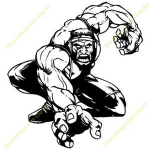 Muscular masked wrestler in aggressive crouching pose, black-and-white line art illustration.