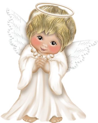 Cherubic angel with golden hair, white robe, wings, and halo, hands clasped in prayer.