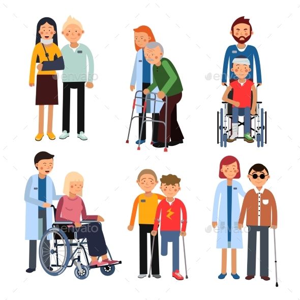 Diverse group of people with disabilities and caregivers in supportive interactions, including wheelchairs, crutches, and arm slings.