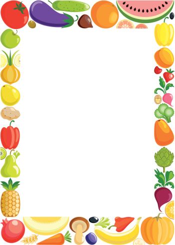 Colorful fruit and vegetable border frame with blank center for content.