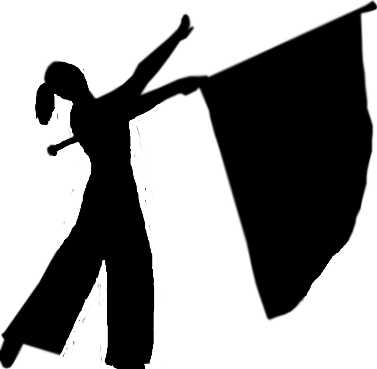 Abstract black-and-white silhouette of a figure with elongated limbs and expressive posture against geometric shapes.