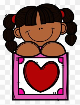 Smiling cartoon girl with pigtails holding a pink-framed red heart illustration.