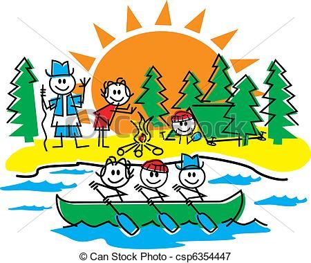 Stick-figure family camping and canoeing by a lake at sunset with pine trees and campfire.