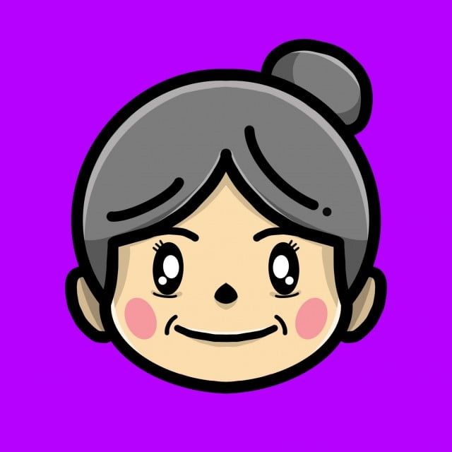 Smiling cartoon grandmother with gray hair in a bun, rosy cheeks, and kind eyes on purple background.