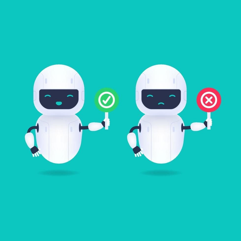 Two friendly white robots holding green check and red cross signs, symbolizing approval and rejection decisions.