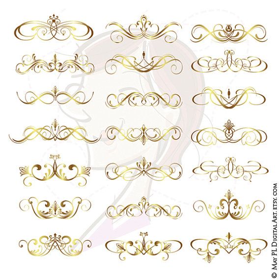 Collection of 18 elegant gold ornamental dividers and flourishes for decorative design use.