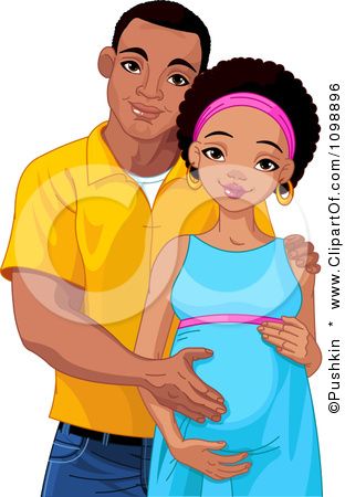 A smiling Black couple; the man embraces his pregnant partner who gently holds her belly, both radiating joy and anticipation.