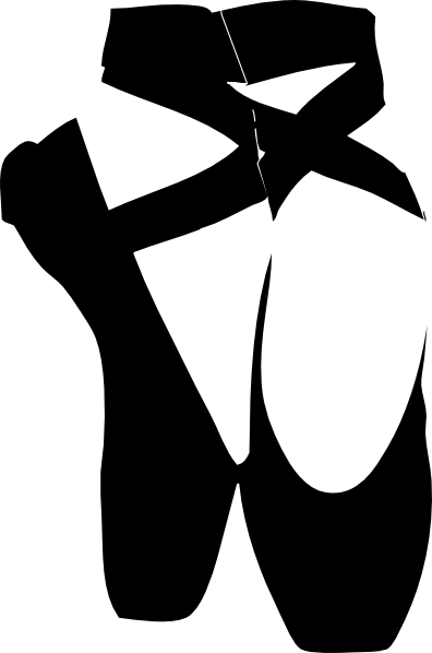 Black silhouette of two ballet pointe shoes with crossed ribbons, iconic dance footwear.